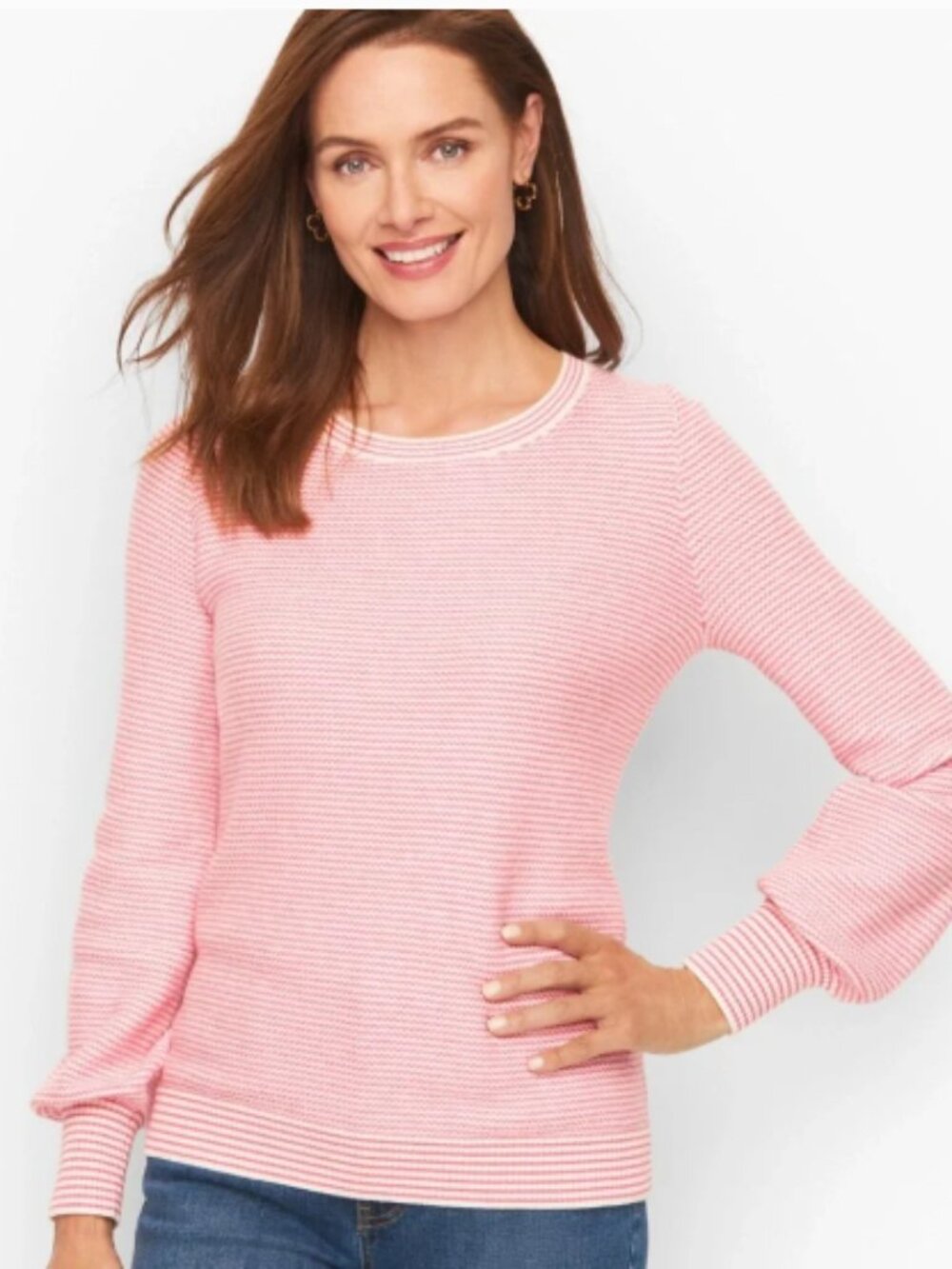 Talbots BISHOP Sleeve Striped Jacquard Pullover Pink & White Womens size Small